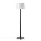 Foscarini Lumiere floor lamp, black metal stem, matte white conical shade, chrome accents, minimalist design, studio product shot.