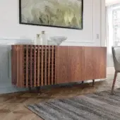 Distinguished Pacini & Cappellini Aurora sideboard with solid wooden doors and grid detailing in warm brown tone with graphite metal base