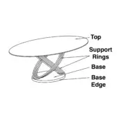 Elliptical trainer line drawing, metal construction, oval platform with circular base featuring interconnected support rings and labeled components.