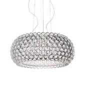 Foscarini Caboche Plus Grande suspension lamp, transparent glass spheres, silver cables, rounded orb shape, studio lighting.