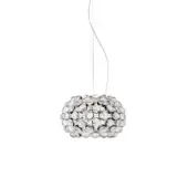 Foscarini Caboche Plus suspension lamp, transparent glass, spherical shape with dense bubble-like pattern and thin cable suspension.