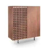 Distinguished Pacini & Cappellini Aurora cupboard with solid wood and grid doors in medium brown finish with graphite metal base and brass details