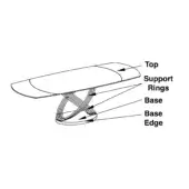 Barrel table technical drawing, white line art, curved top, interwoven base, labeled components, support rings, extendable design.
