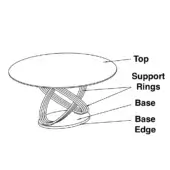 Round side table line drawing, interwoven base, minimalist design, concentric rings, labeled schematic, white background.