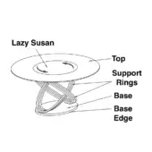 Lazy Susan table, technical drawing, circular top, interwoven base with support rings, rotational arrows, white background.