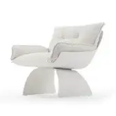 White armchair, cream bouclé upholstery, sculptural curved shell design with layered circular base, studio product shot.
