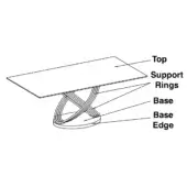 Table line drawing, metal frame, rectangular top with intertwined circular bases and angled struts, minimalist modern design, grayscale.