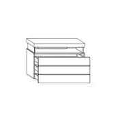 Dresser line drawing, black and white, rectangular form with three drawers, one partially open revealing grid interior, technical illustration.