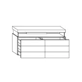 Dresser line drawing, black and white, rectangular form with six horizontal drawers, four extended, central divider, minimalist design.