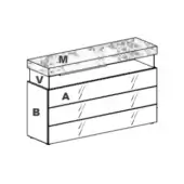 Chest of drawers, wood and speckled composite, rectangular form with labeled panels; inset drawers feature subtle horizontal grooves.