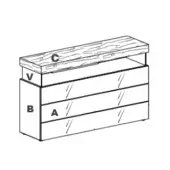 Chest of drawers, wood grain top, three labeled drawers with etched diagonal lines, rectilinear form, studio rendering, neutral panels.