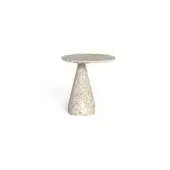 Round side table, beige cement, conical base; speckled texture with mottled tones against a plain white backdrop, soft diffused lighting.