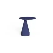 Blue cement side table with circular tabletop and conical pedestal base, matte finish, studio product shot.