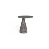 Cement side table, gray speckled finish, circular top with conical pedestal base, minimalist design, neutral studio lighting.