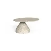Circular coffee table, beige cement, speckled texture, conical pedestal base, smooth round tabletop, neutral tone, minimalist design.