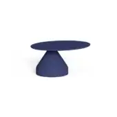 Blue cement coffee table, circular matte finish, single pedestal base, tapered form, modern design, minimalist aesthetic.