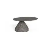 Round coffee table, gray cement finish, conical pedestal base, speckled surface, minimalist design, matte texture, studio lighting.