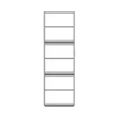 Three-tiered shelving unit line drawing, rectangular form, white background, minimalist design, horizontal shelves, stacked sections.