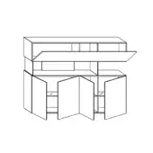 Corner kitchen cupboard unit, black and white line drawing, bi-fold and flip-up doors, interior shelving, minimalist design, technical schematic.