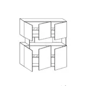 Corner cupboard unit, schematic drawing, L-shape design with four cabinets, black lines on white, interior shelving with vertical slat detailing.