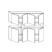 Corner cupboard unit, black line drawing, bi-fold doors in fan arrangement, two tiers with three doors per side, interior shelves visible.