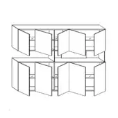 Modular cupboard system line drawing, six rectangular units stacked, open doors reveal shelving, minimalist geometric design, technical schematic.