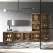 Distinguished Pacini & Cappellini Mesh Modular Cupboard with veneered Canaletto walnut and clear glass shelves in a warm uniform finish