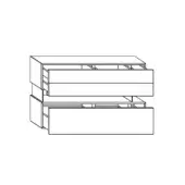 Dresser, black and white line drawing, two-module rectangular form with recessed panels and vertical segmented detailing, minimalist design.