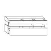 Dresser line drawing, black and white, two-section rectangular form with horizontal grooves, sliding drawer, minimalist modular design.