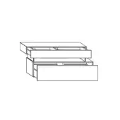 Dresser line drawing, black and white, three stacked rectangular boxes with inset drawers and subtle grid texture, minimalist geometric design.