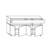 Sideboard, black and white line drawing, rectangular form, perforated texture, four cabinet doors, minimalist design, visible legs.