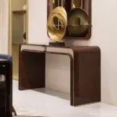 Superior Turri Madison console with dark brown wood and light beige leather inserts in glossy lacquered finish