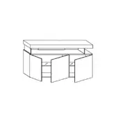 Air sideboard black and white line drawing, rectangular cabinet with four doors, minimalist geometric design, tapered base, interior shelving.
