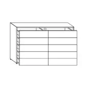 Dresser line drawing, black and white, rectangular form with eight drawers, recessed grid shelving, vertical left side element.
