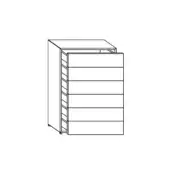 Vertical dresser black and white line drawing, six equal drawers, rectangular frame, grooved sides, minimalist rectilinear design.