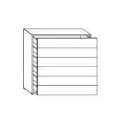 Materia vertical dresser, black line drawing, six-drawer rectangular form, ribbed left panel, minimalist rectilinear design, white background.