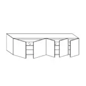 Materia sideboard, black and white line drawing, modular design with five sections, rounded edges, bi-fold and single doors, floating appearance.