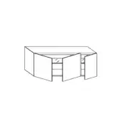 Modular sideboard, white line drawing, curved asymmetrical design with three sections, open door revealing shelves, modern aesthetic.