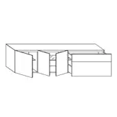 Sideboard, line drawing, rectangular form with angled cabinets, central shelving, and three recessed drawers against a white background.