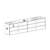 materia dresser, dark wood frame, light gray drawers, modular design with six drawers, speckled gray and white band detail.