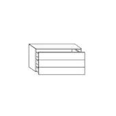 Dresser, black and white line drawing, rectangular form with three drawers and a raised top right detail, minimalist floating design.