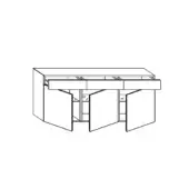 Sideboard schematic, black and white line drawing, rectangular form with curved front, three bi-fold doors, drawer, and molding detail.