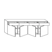 Sideboard, black and white line drawing, rectangular form with cabinet doors and drawers, featuring inward slants and decorative molding.