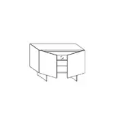 Sideboard, black and white line drawing, rectangular cabinet with three open shelves flanked by angled-leg doors.
