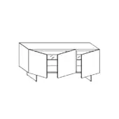 Materia sideboard, black and white line drawing, rectangular form with angled legs, central shelving, and flush cabinet doors.