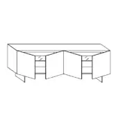 Sideboard, black and white line drawing, rectangular form with four sections, each featuring a pair of slightly open doors and interior shelving.