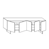 Sideboard, black and white line drawing, rectangular form with curved front, six door compartments, angled legs, minimalist design.