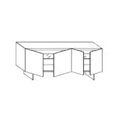 Sideboard, black and white line drawing, rectangular form with curved front, four flush-panel doors open to reveal interior shelving and angled legs.