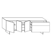 Sideboard line drawing, modular design, rectangular form with angled base, three sections: bi-fold doors, four doors with shelf, drawers and door.