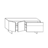 Sideboard schematic, black and white line drawing, rectangular form, triangular legs, two cabinet doors open, two drawers, minimalist design.
